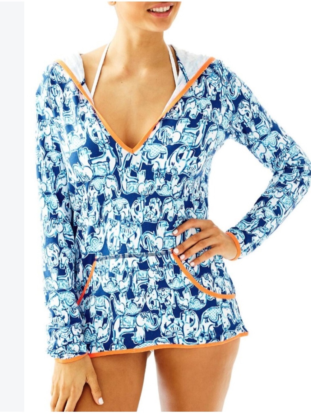 Lilly Pulitzer UPF Luxletic Gabi Hoodie Get Trunky Blue White Neon Orange XS